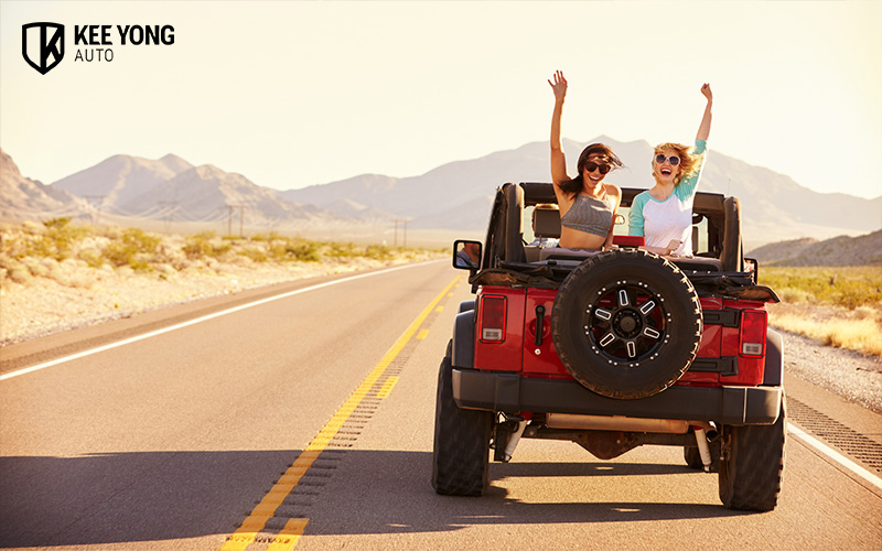 Group of people on a road trip in a land rover car